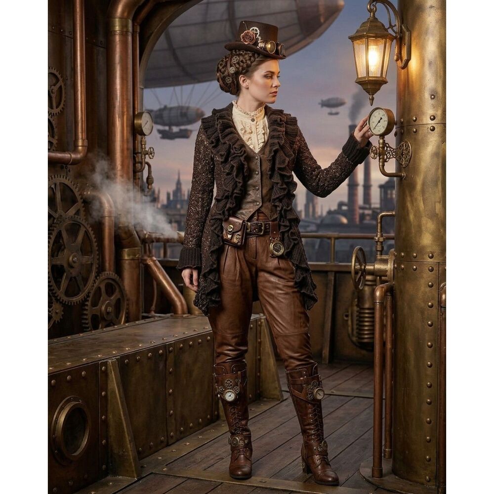 Whimsigoth Dark Fairycore Steampunk Brown Bell Cuffs Sweater Cardigan Size PL - Picture 7 of 8